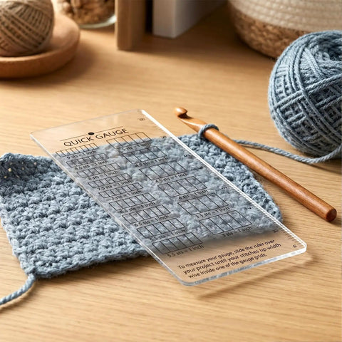 Quick Gauge Ruler For Knitting And Crochet No Sweat Stitch Measurement Tool with clear grid layout on a blue crochet swatch.