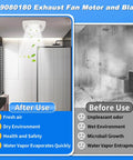 Before and after images of bathroom with 180 CFM Bathroom Exhaust Fan Motor And Blade Replacement For 509 Series Fans.