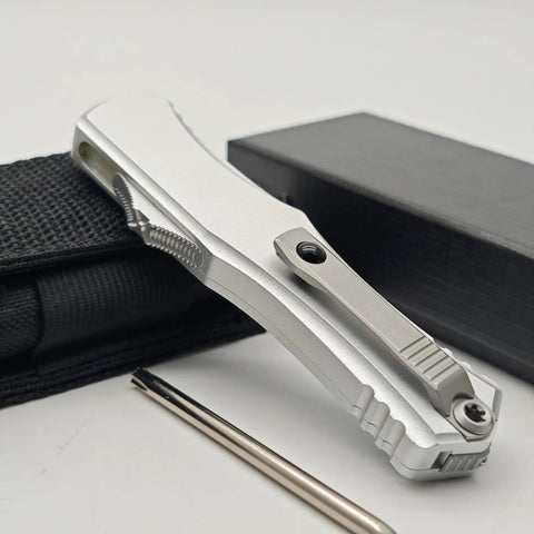 Rugged Folding Knife With Belt Clip For Camping And Outdoor Gear, Aluminum Alloy T6063 Handle, folded view on black pouch