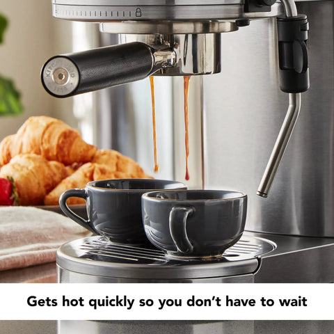 Premium Metal Semi Automatic Espresso Machine With Dual Smart Temp Sensors And 58Mm Commercial Portafilter pouring espresso into two cups.