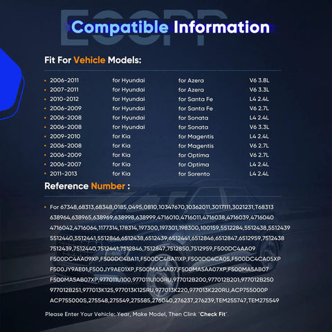 Compatible information for Top Shelf Heavy Duty AC Compressor Unit for Hyundai Santa Fe, Sonata, Azera 2006-2012 models.