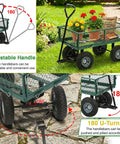 Heavy Duty 500 Lb Capacity Mesh Steel Garden Cart Folding Utility Wagon With Removable Sides, green, on lawn with flowers and soil.