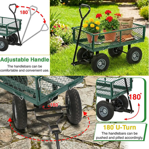 Heavy Duty 500 Lb Capacity Mesh Steel Garden Cart Folding Utility Wagon With Removable Sides, green, on lawn with flowers and soil.