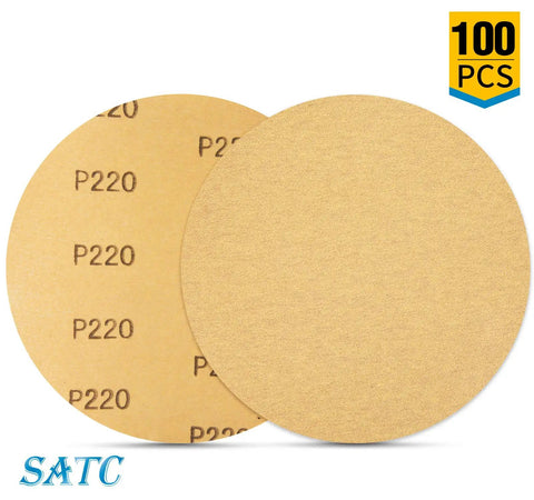 6 Inch Adhesive Backed Sanding Discs 100 Pack 220 Grit PSA Aluminum Oxide showing textured surface and adhesive side