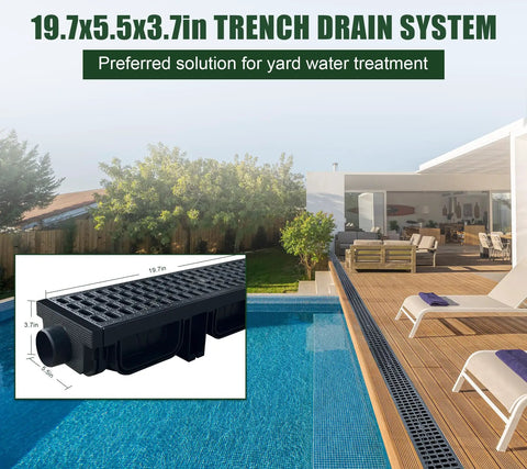 HDPE Channel Drain With Grates Two Pack 19.7x5.5x3.7 Inch Trench Drain System with outlet by poolside patio.
