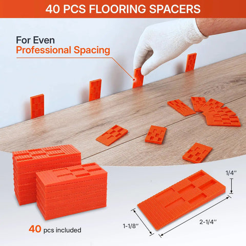 All-In-One 45-Piece Laminate Flooring Tools Kit showing 40 orange spacers used for professional spacing in flooring installation