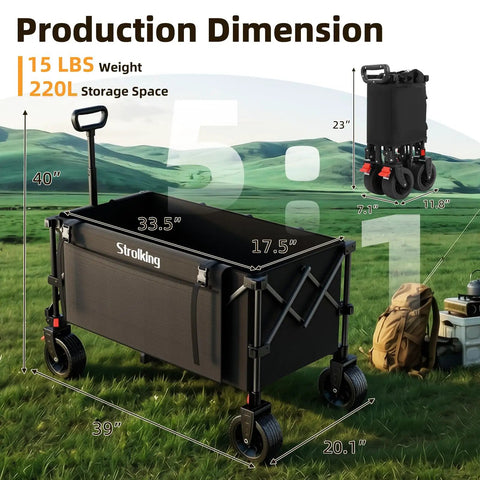 Collapsible Wagon Cart With 220L Capacity Ultra Lightweight 15Lb Foldable Garden Cart Heavy Duty 440Lbs All Terrain