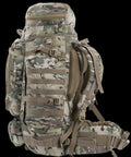 Side view of Beefed Up Large Military Style Backpack 70L Tactical Rucksack with MOLLE System, camo pattern, padded straps, 1000D polyester.