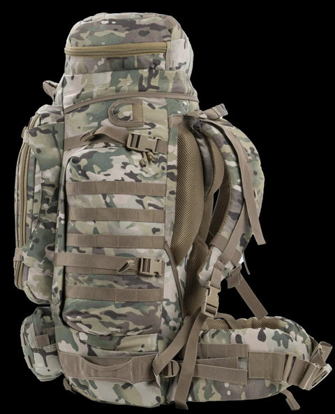 Side view of Beefed Up Large Military Style Backpack 70L Tactical Rucksack with MOLLE System, camo pattern, padded straps, 1000D polyester.