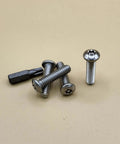 One Fourth Inch Twenty Thread By Three Quarter Inch Button Head Torx Security Machine Screws Stainless Steel Tamper Resistant Ten Pack on beige background.