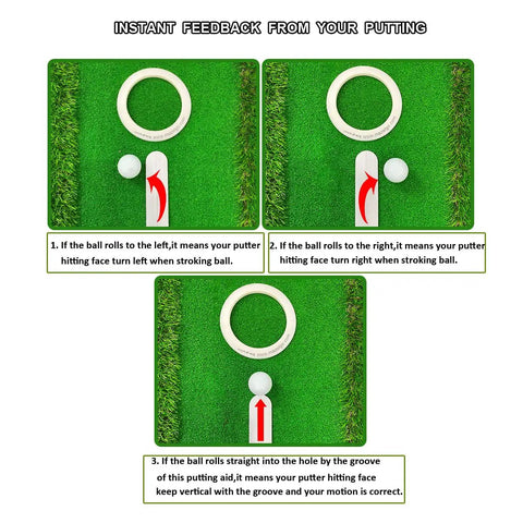Three In One Alloy Steel Golf Putting Aid Set with Alignment Rail Cup Ring and Practice Ball showing feedback instructions