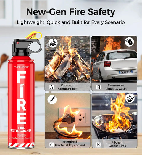 Compact Water Based Fire Extinguisher For Home Kitchen Car And Grill 8 In 1 ABC K Class with fire scenarios visible on packaging