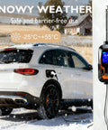 Portable Level 1 And Level 2 EV Charger With 25 Ft Cable J1772 16 Amp Dual Voltage 120V 240V NEMA 5 15 And NEMA 6 20 Plugs attached to EV in snow.
