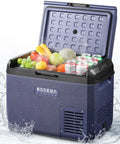 Crank Up The Chill 32 Qt Portable Car Refrigerator And Freezer with open lid filled with drinks and fruits, waterproof design.