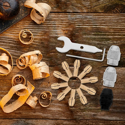 Sixteen Piece Drill Chuck Tool Kit With Copper Collets Wrenches And Nuts For Rotary Tool Accessories Polishing Grinding And Replacement Die Grinder Clamping Must Have Handy Gear For Power Drill Projects displayed on a wooden table.