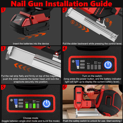 Heavy Duty 18 Gauge Cordless Brad Nailer And Stapler Kit installation steps showing battery insertion and mode selection.