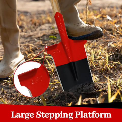 Person using red and black Do It All Steel Square Shovel With D Handle For Digging, Trenching, Lawn Edging And Root Work, Serrated Crescent Edge.