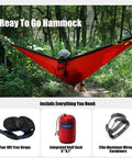 Person in red hammock surrounded by forest, featuring Double Camping Hammock With Tree Hanging Kit And 12Kn Aluminum Wiregate Carabiner.