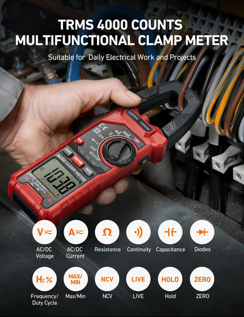 Digital Clamp Meter Multimeter With Auto-Ranging 4000 Counts For AC And DC Voltage And Current, Resistance, Capacitance, Frequency, Duty Cycle, Diode, Continuity, Live Wire NCV Test, Non Contact Voltage Detection, Pro Grade Tool For Pros And DIY on wiring