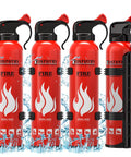 All-In-One 8-In-1 Fire Extinguishers Pack For Home Car Boat Kitchen With Mounts Class A B C K Fire Portable Non Toxic Prevent Reignition Easy Clean 4 Pack, showing four red fire extinguishers with mounting brackets, side view.