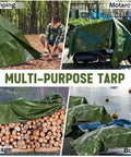 Collage: 8 Pack Camping Tarps 6x8 Ft Waterproof 5.5 Mil Heavy Duty Ground Cover Rain Shelter for Camping, Farm, Patio, Roof, Boats, Cars