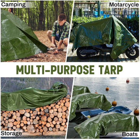 Collage: 8 Pack Camping Tarps 6x8 Ft Waterproof 5.5 Mil Heavy Duty Ground Cover Rain Shelter for Camping, Farm, Patio, Roof, Boats, Cars