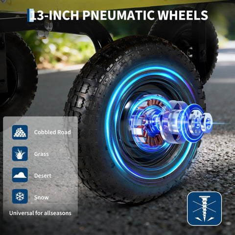 13-inch pneumatic wheel of Heavy Duty Folding Utility Wagon Hauls Up To 1500 Lbs With Removable Sides, 180 Degree Swivel Handle