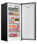 Big Capacity 7.1 Cu Ft Upright Freezer Refrigerator Convertible in Black with One Touch Switch, filled with food items.