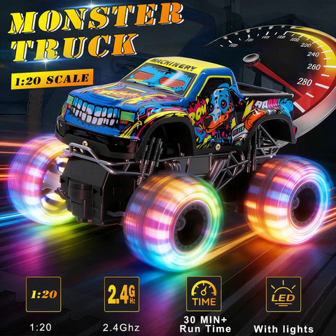 Monster Truck RC Car For Kids 1 To 20 Scale 2.4GHz All Terrain Toy With Lights Rechargeable Batteries Realistic Details Indoor