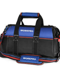 16 Inch Wide Mouth Tool Bag With Waterproof Molded Base, Heavy Duty 840D Polyester, Pro Grade Tool Organizer For Home, Garage And Job Site, Durable, Water Resistant Carryall With Double Stitching, blue black carry bag with shoulder strap