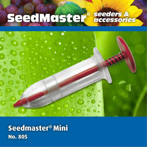 Rapiclip Mini Seedmaster 805 Red Seed Dispenser in durable plastic, plunger style, for tiny seeds on a vibrant green background