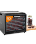 Keep It Fresh With This Top Shelf Electric Food Dehydrator Boasting Ten Rustproof Stainless Steel Trays with jerky and a jar.