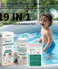 19 In 1 Water Quality Test Strips For Tap And Well Water Straight Up PH Hardness Chlorine Lead Nitrate Bacteria Testing Kit With 100 Heavy Duty Reagents Plus No Guesswork Readouts in a home pool setting with a child.