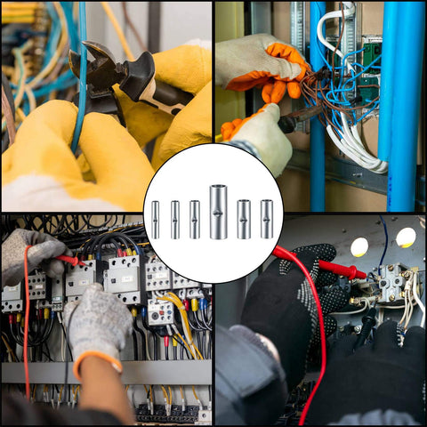 Installation of 120 pcs non insulated butt connectors for 22 to 16 gauge wire in electrical panel with copper tin plated terminals.