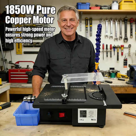 1850W Beast Power Lapidary Saw With 110V, 0 To 10000RPM Variable Speed, Mini Table Saw For Jade Wood Aluminum Alloy Acrylic, Water Cooling System Included For Smooth Cutting, Polishing, And Grinding, shown in workshop