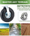 Heavy Duty 10 Inch Pneumatic Caster Wheels Set Of 4 With 2 Swivel And 2 Rigid Hubs showing strong rubber tire with steel mount.