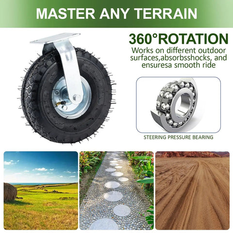 Heavy Duty 10 Inch Pneumatic Caster Wheels Set Of 4 With 2 Swivel And 2 Rigid Hubs showing strong rubber tire with steel mount.
