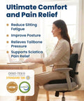 Feel The Ultimate Comfort With This Doctor Approved Memory Foam Seat Cushion Designed For Office Chairs And Cars To Crush Tailbone Pain And Sciatica Suffering While Boosting Your Posture During Those Long Grind Sessions In Style Black, shown in office setting.