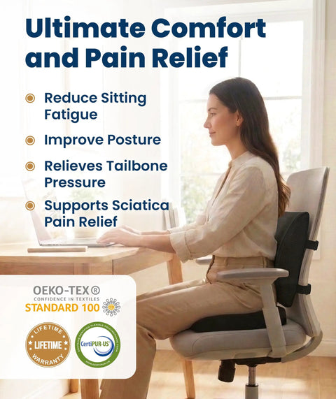 Feel The Ultimate Comfort With This Doctor Approved Memory Foam Seat Cushion Designed For Office Chairs And Cars To Crush Tailbone Pain And Sciatica Suffering While Boosting Your Posture During Those Long Grind Sessions In Style Black, shown in office setting.