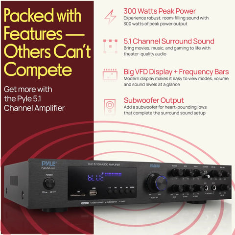 Front view of Bluetooth 5.1 Home Theater And Karaoke Amplifier That Delivers Party Ready Big Room Sound With Five Channels And Subwoofer Output Two Mic Inputs With Echo USB A Plus SD MP3 Player RCA In PDA8BU featuring controls and display.