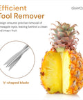 Pro Grade Stainless Steel Pineapple Eye Remover Tool Set Of 4 With V Shape Design next to a half-sliced pineapple.
