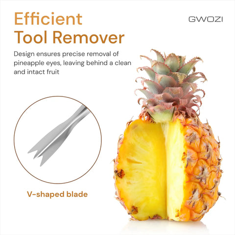 Pro Grade Stainless Steel Pineapple Eye Remover Tool Set Of 4 With V Shape Design next to a half-sliced pineapple.