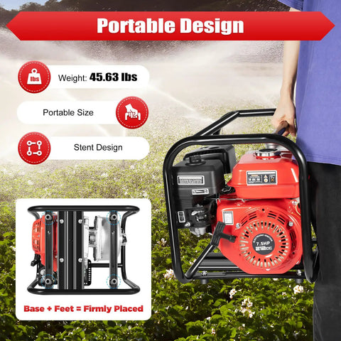 Portable design of Gas Powered Water Transfer Pump With Two Inch Inlet And Outlet, 7.5HP 212cc Four Stroke Engine for quick cleanups