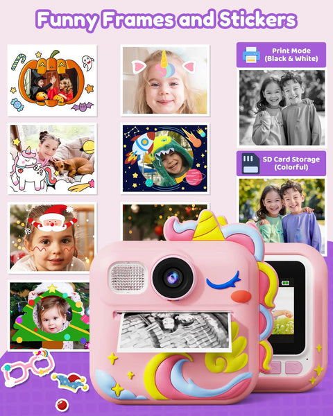 Kids Camera With Instant Print For Girls Ages 3 12 2.4 Inch HD Screen 1080P Video Music MP3 Player Games Multi Language Printable Photos Pink Gift For Christmas Birthday with unicorn design and printed photos