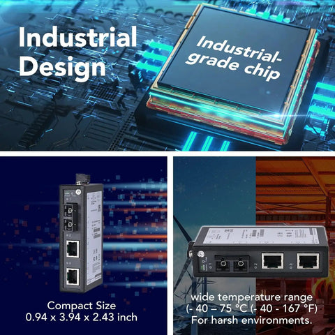 3 Port Unmanaged Industrial Ethernet Switch and Media Converter With 2x 10/100 Base-TX RJ45 Ports and 1x 100Base-FX Fiber, IP30