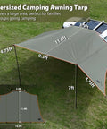 Oversize Car Side Camping Awning 11 By 19 Feet for SUV Truck Van or Camper setup with adjustable legs on green grass.