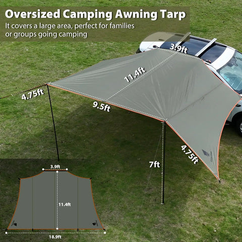 Oversize Car Side Camping Awning 11 By 19 Feet for SUV Truck Van or Camper setup with adjustable legs on green grass.