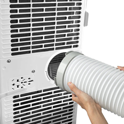Person connecting a white hose with Round 5.9 Inch Portable Air Conditioner Exhaust Hose Coupler Window Adapter For Round AC Unit Outlet.