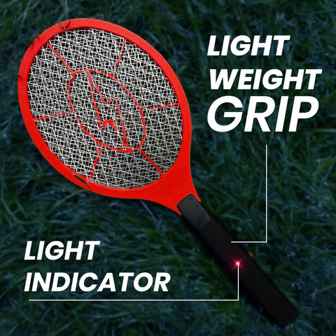 Red Electric Bug Zapper Swatter with 3000V Grid and Safety Mesh; features light indicator and lightweight grip.