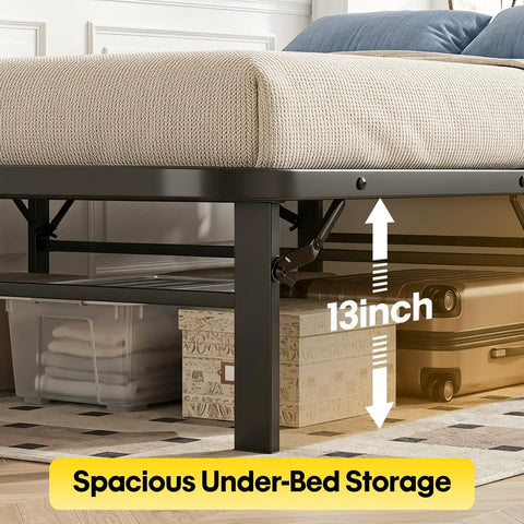 Rock Solid Twin Metal Platform Bed Frame Featuring Heavy Duty Steel Slats And Six Sturdy Legs No Box Spring Required Straight Forward Assembly showing 13-inch under-bed storage.